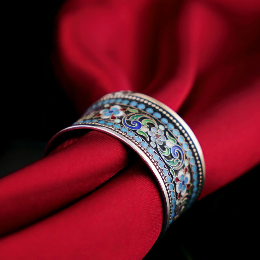 Antique Imperial Russian Solid Silver Cloisonne Enamel Napkin Ring - c1910 View XVI