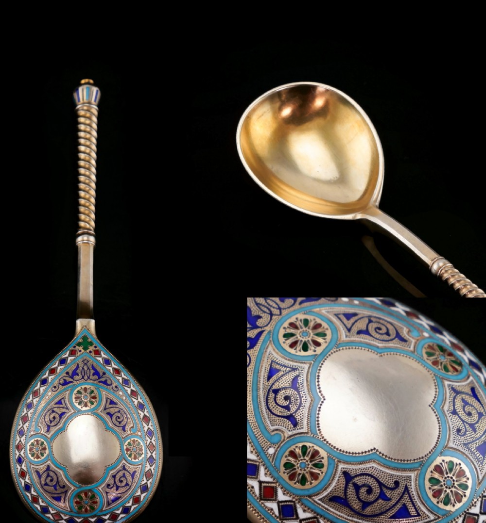A Large Imperial Russian Solid Silver Enamel Champleve Spoon - Ivan Khlebnikov