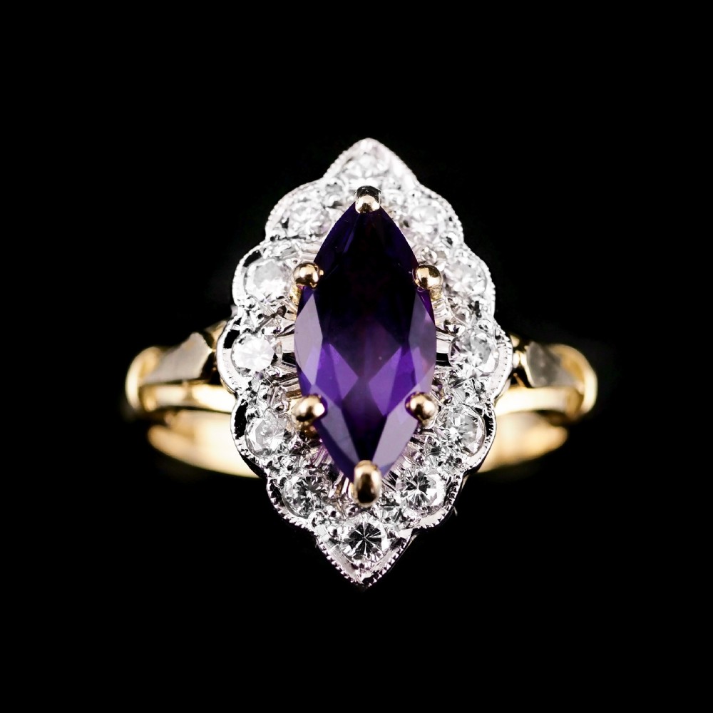 A Magnificent Vintage 18K Gold Large Amethyst & Diamond Marquise Ring