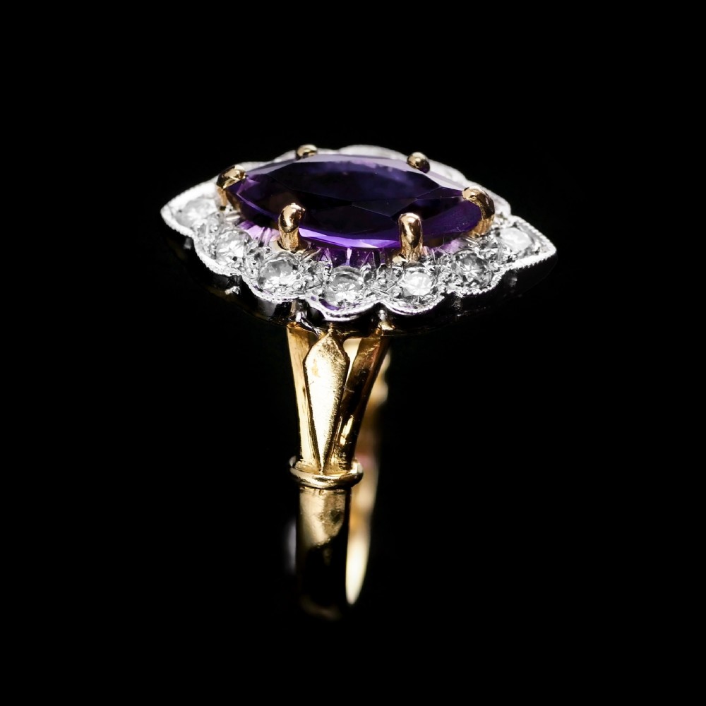 A Magnificent Vintage 18K Gold Large Amethyst & Diamond Marquise Ring View V