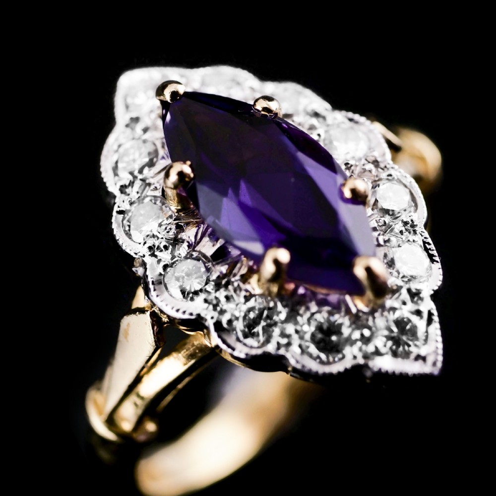A Magnificent Vintage 18K Gold Large Amethyst & Diamond Marquise Ring View VII