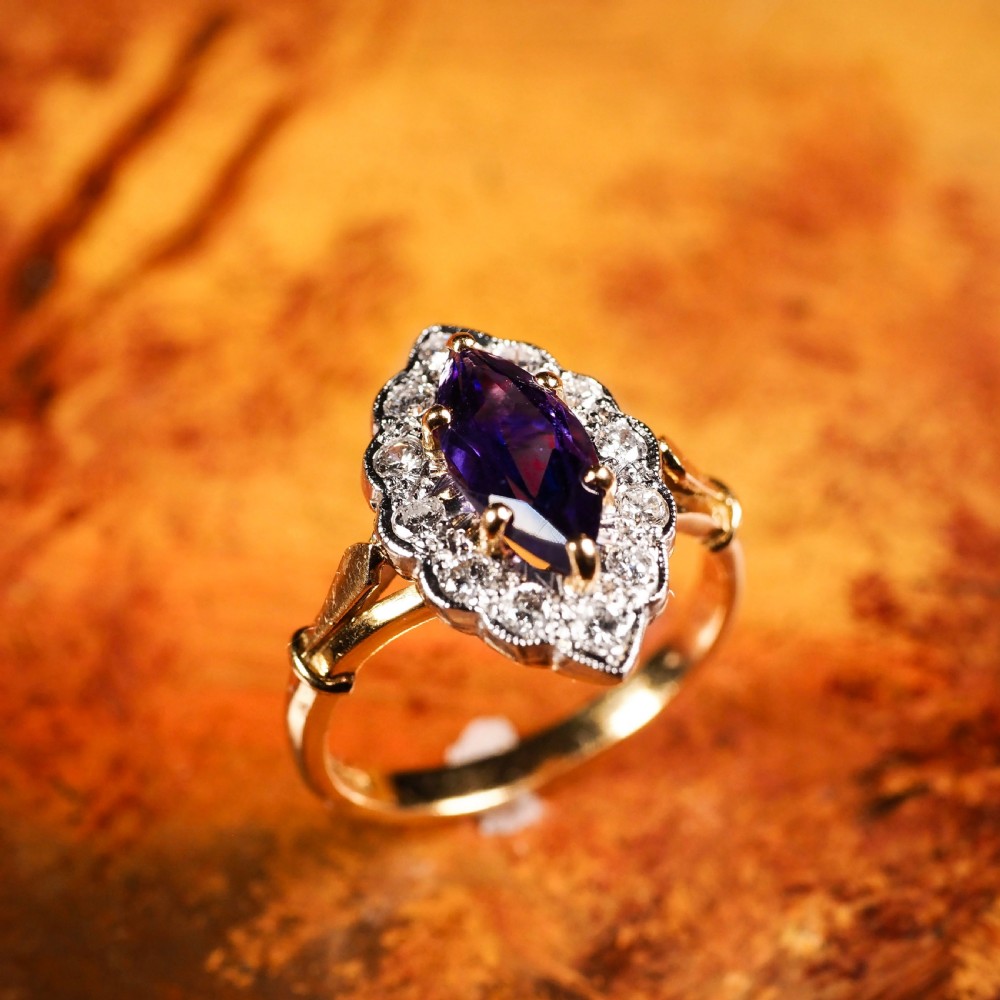 A Magnificent Vintage 18K Gold Large Amethyst & Diamond Marquise Ring View VIII