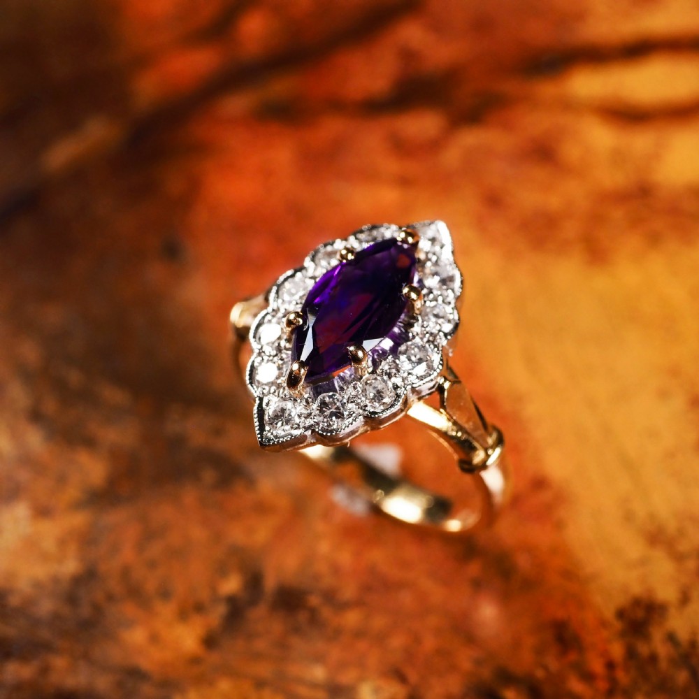 A Magnificent Vintage 18K Gold Large Amethyst & Diamond Marquise Ring View IX