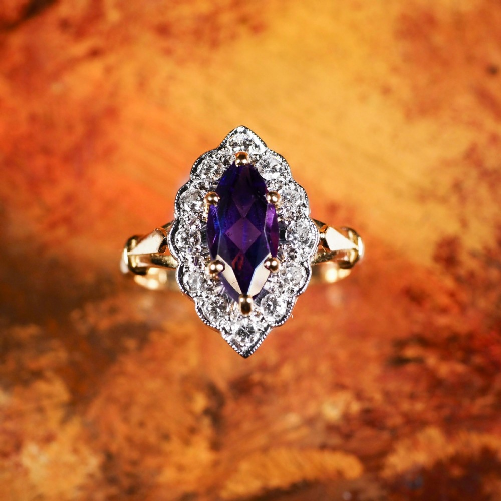 A Magnificent Vintage 18K Gold Large Amethyst & Diamond Marquise Ring View X