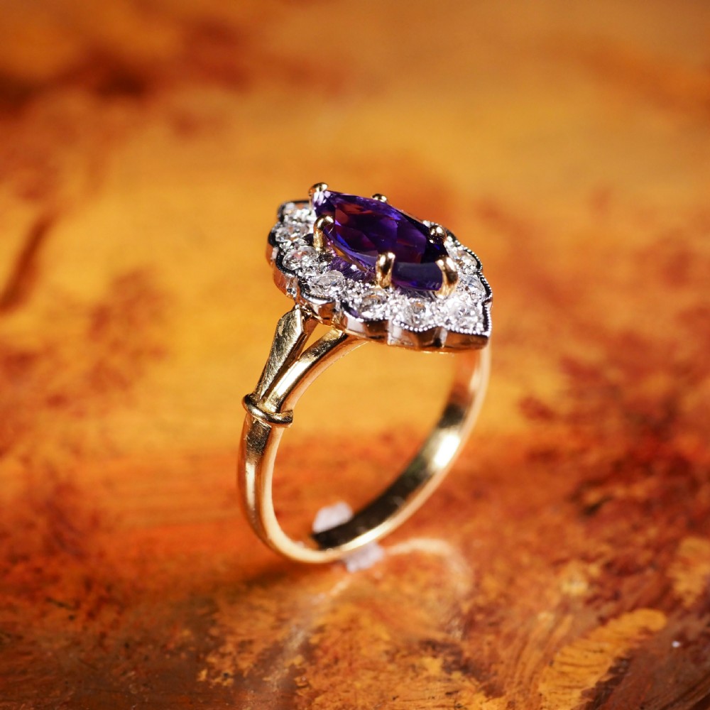 A Magnificent Vintage 18K Gold Large Amethyst & Diamond Marquise Ring View XI
