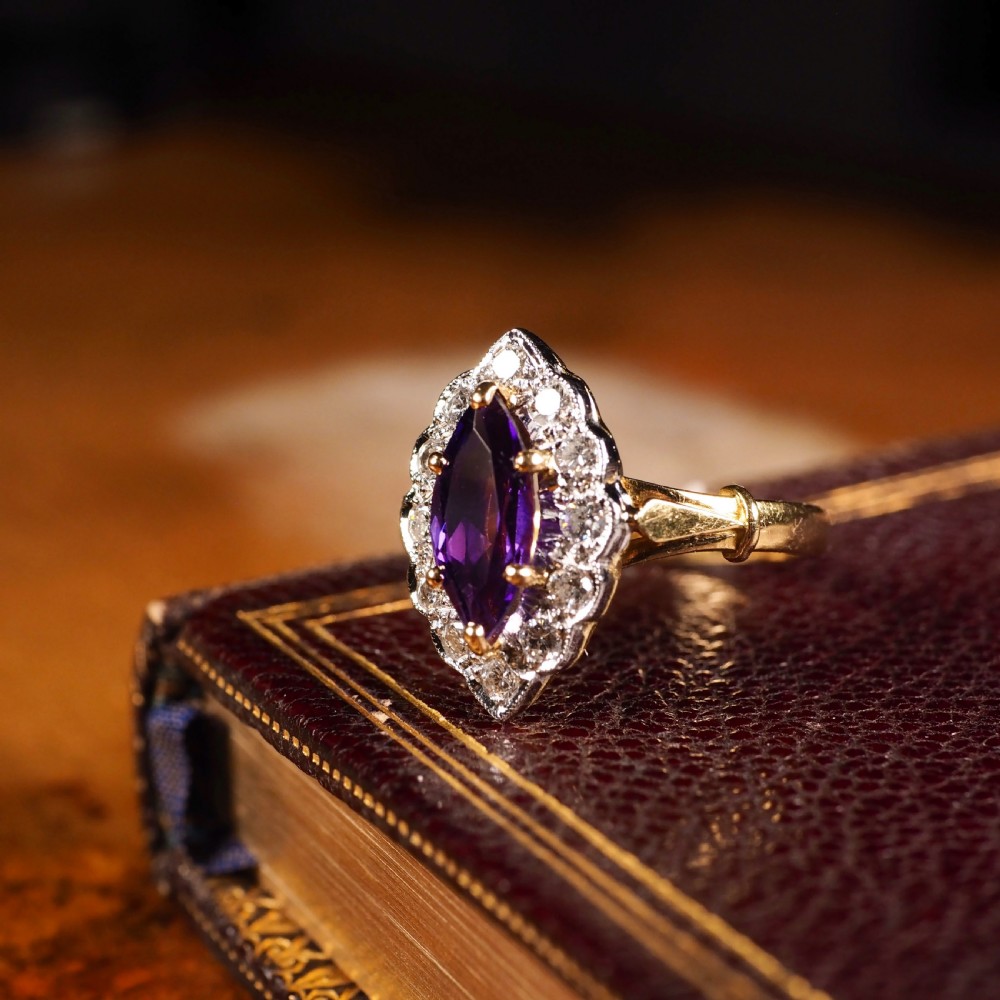 A Magnificent Vintage 18K Gold Large Amethyst & Diamond Marquise Ring View XII