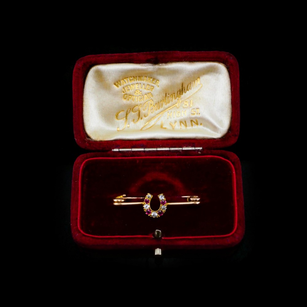 Stunning Antique 9K Gold Ruby & Diamond Horseshoe Brooch View II