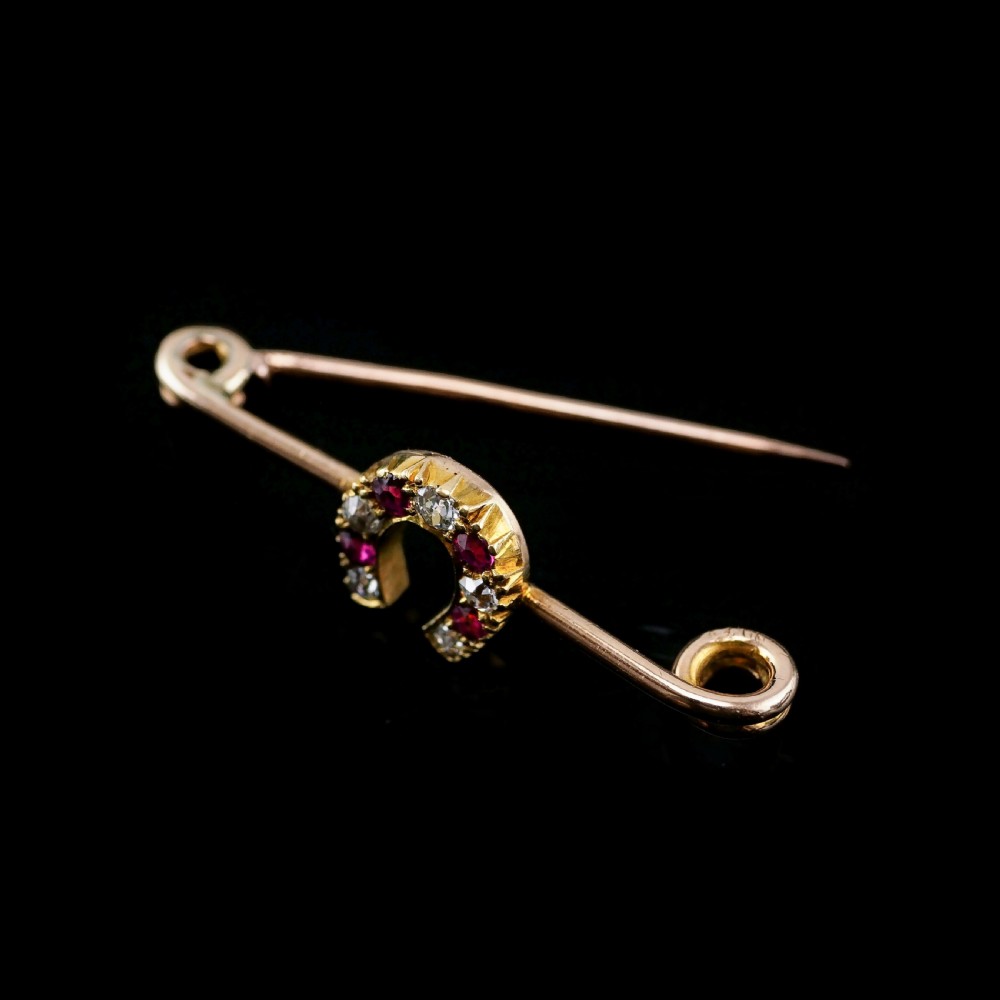 Stunning Antique 9K Gold Ruby & Diamond Horseshoe Brooch View III