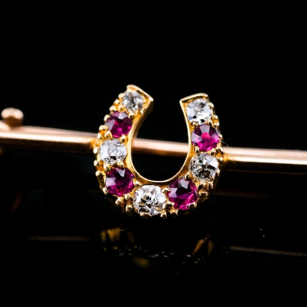 Stunning Antique 9K Gold Ruby & Diamond Horseshoe Brooch View VII