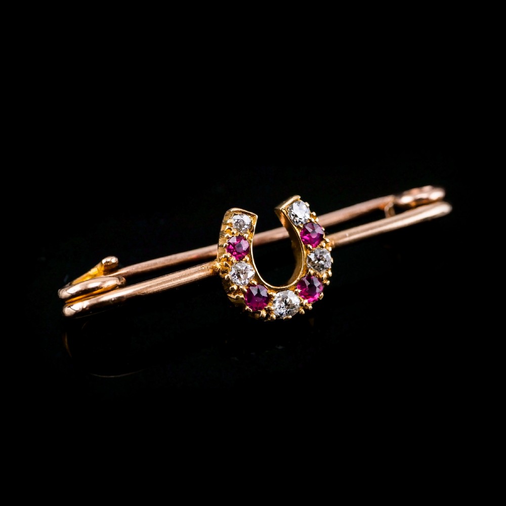 Stunning Antique 9K Gold Ruby & Diamond Horseshoe Brooch View VIII