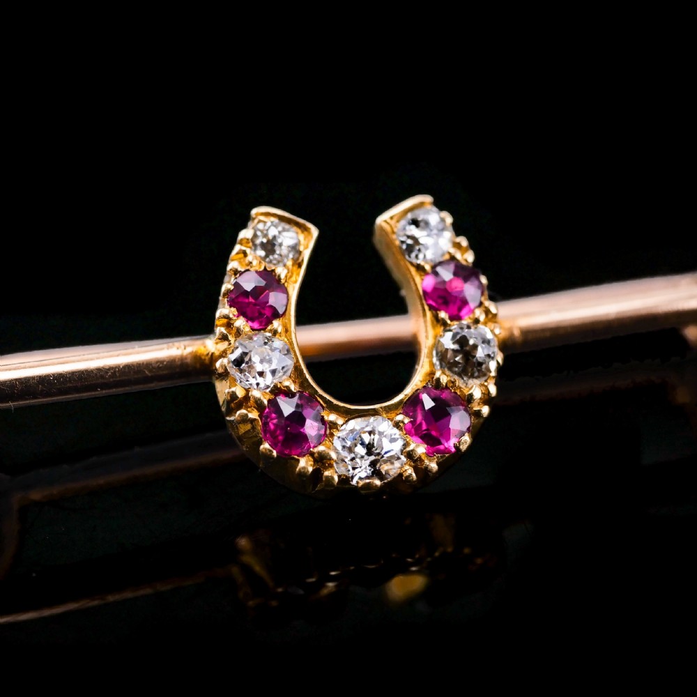 Stunning Antique 9K Gold Ruby & Diamond Horseshoe Brooch View IX