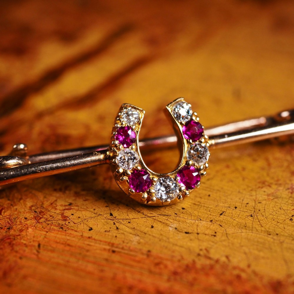 Stunning Antique 9K Gold Ruby & Diamond Horseshoe Brooch View X
