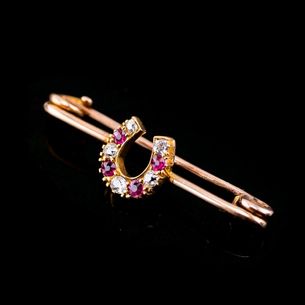 Stunning Antique 9K Gold Ruby & Diamond Horseshoe Brooch View XI