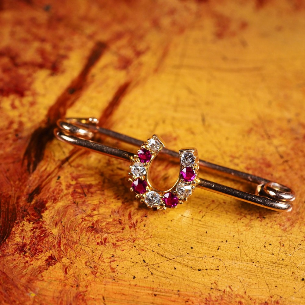Stunning Antique 9K Gold Ruby & Diamond Horseshoe Brooch View XII