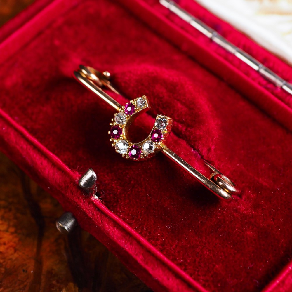 Stunning Antique 9K Gold Ruby & Diamond Horseshoe Brooch View XIII