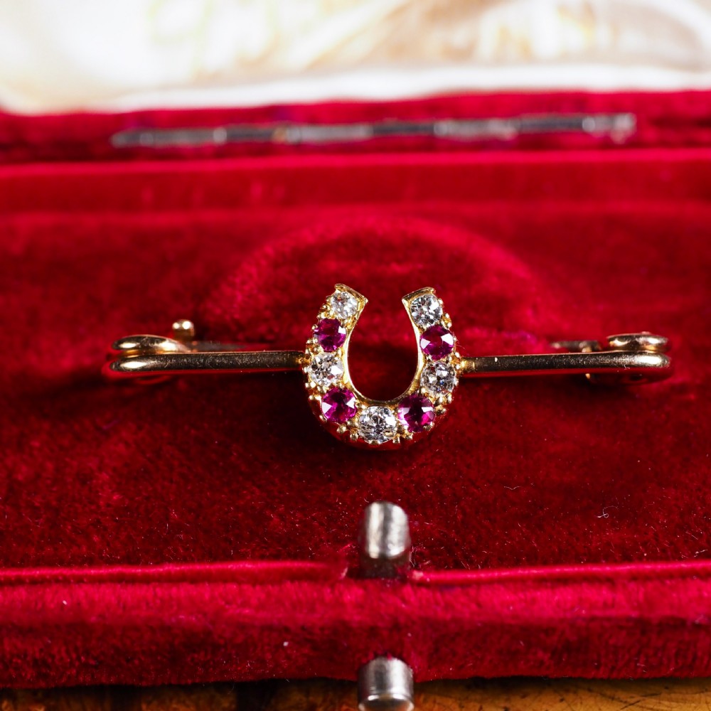 Stunning Antique 9K Gold Ruby & Diamond Horseshoe Brooch View XIV