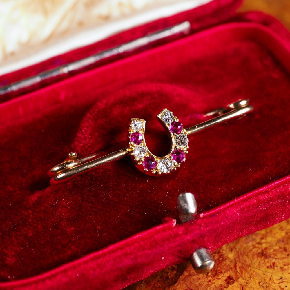 Stunning Antique 9K Gold Ruby & Diamond Horseshoe Brooch View XV
