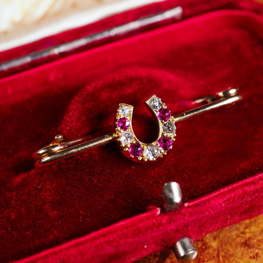 Stunning Antique 9K Gold Ruby & Diamond Horseshoe Brooch View XVI