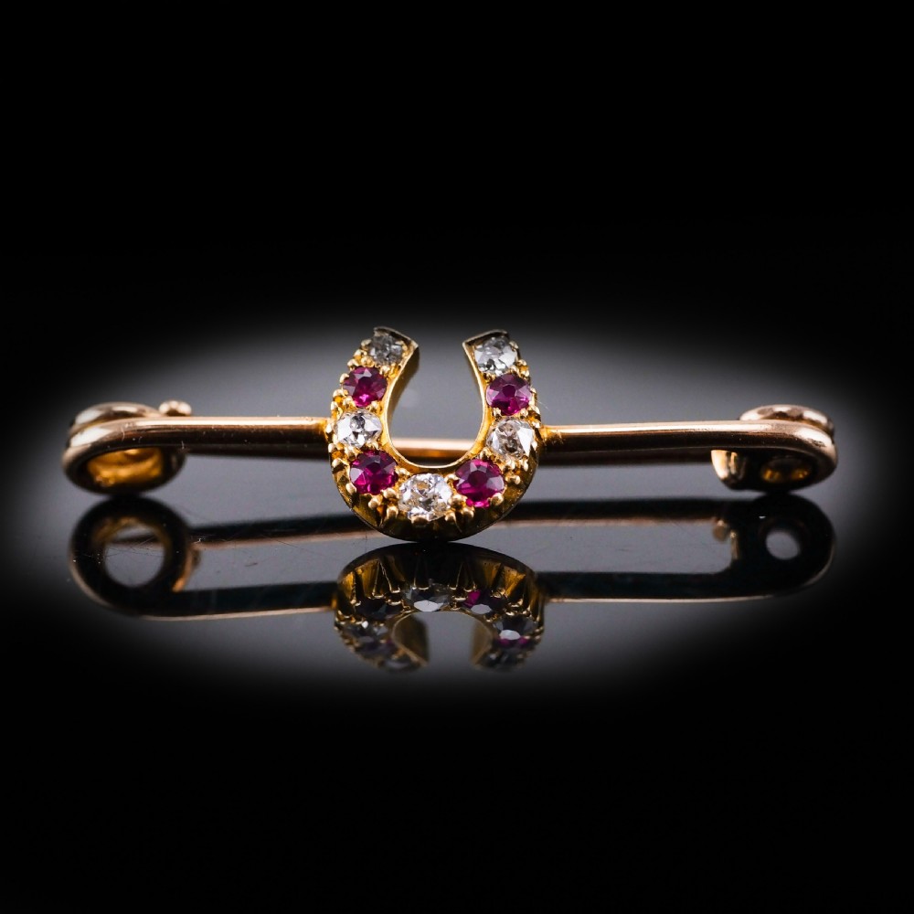 Stunning Antique 9K Gold Ruby & Diamond Horseshoe Brooch View XVII