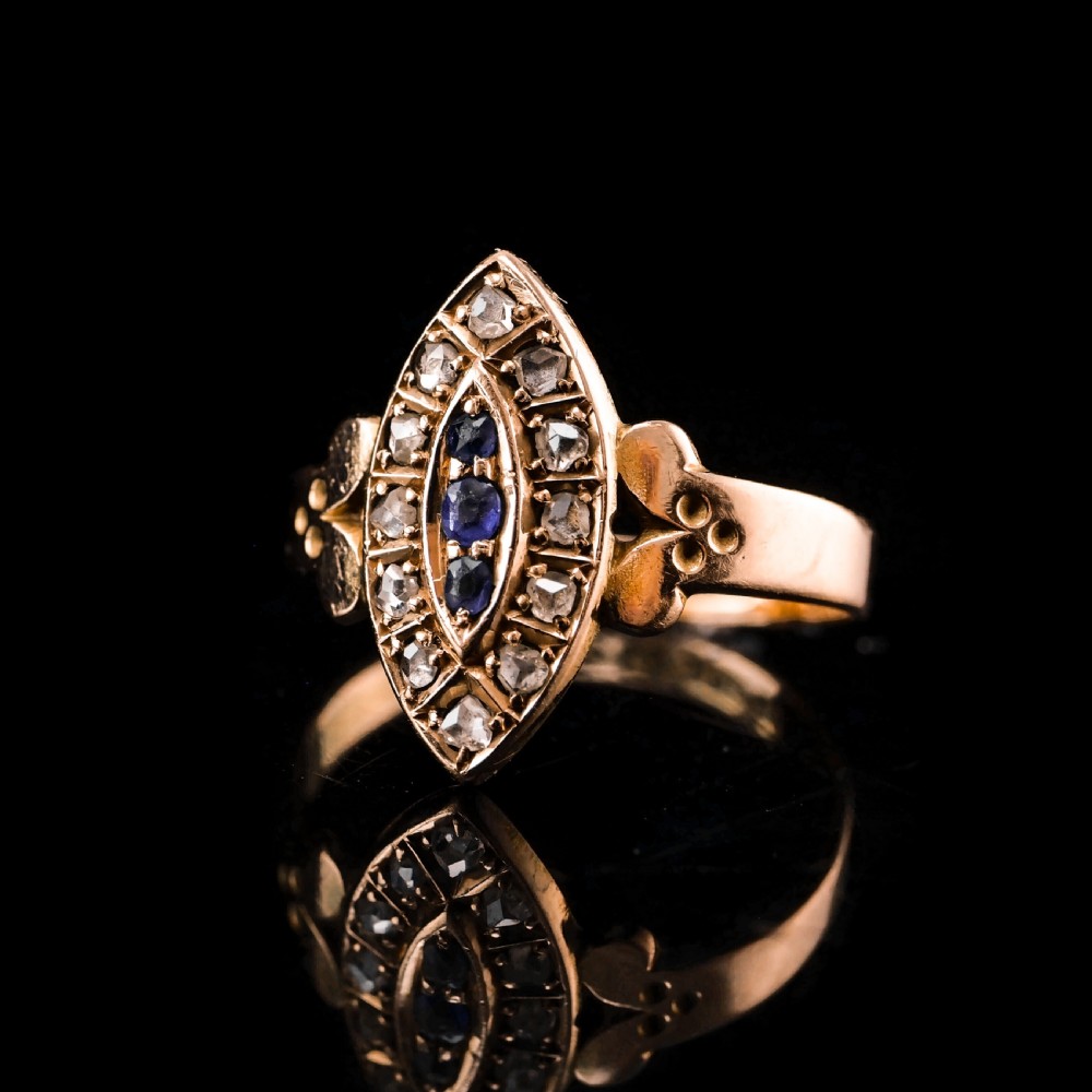 Stylish Antique Victorian 15K Sapphire and Diamond Navette Ring - 1893 View II