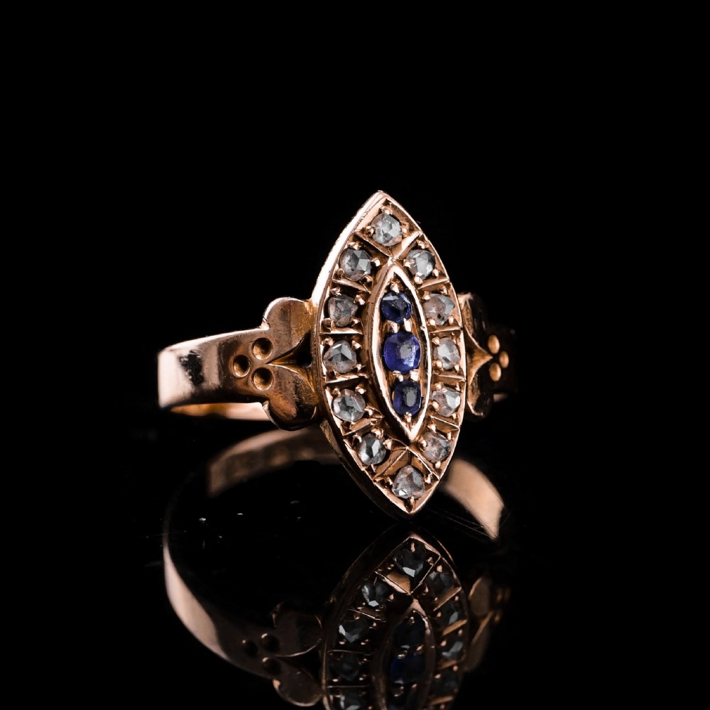 Stylish Antique Victorian 15K Sapphire and Diamond Navette Ring - 1893 View III