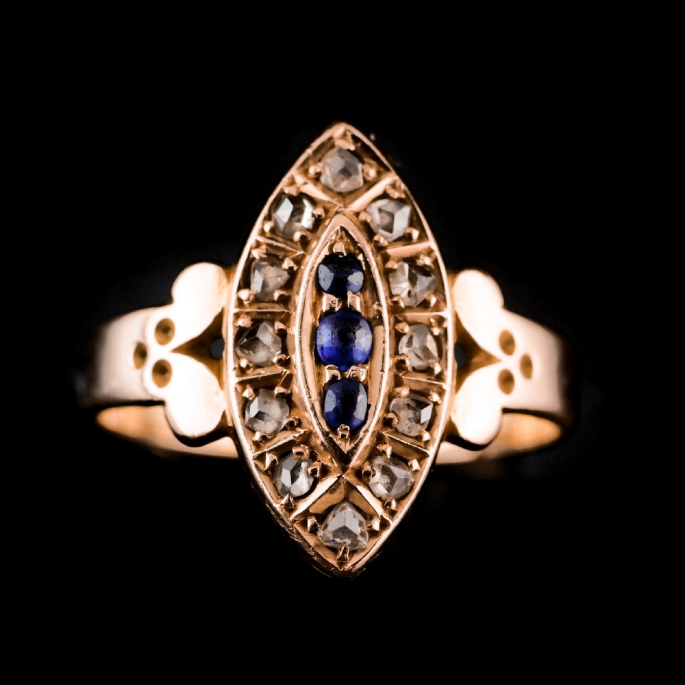 Stylish Antique Victorian 15K Sapphire and Diamond Navette Ring - 1893 View IV