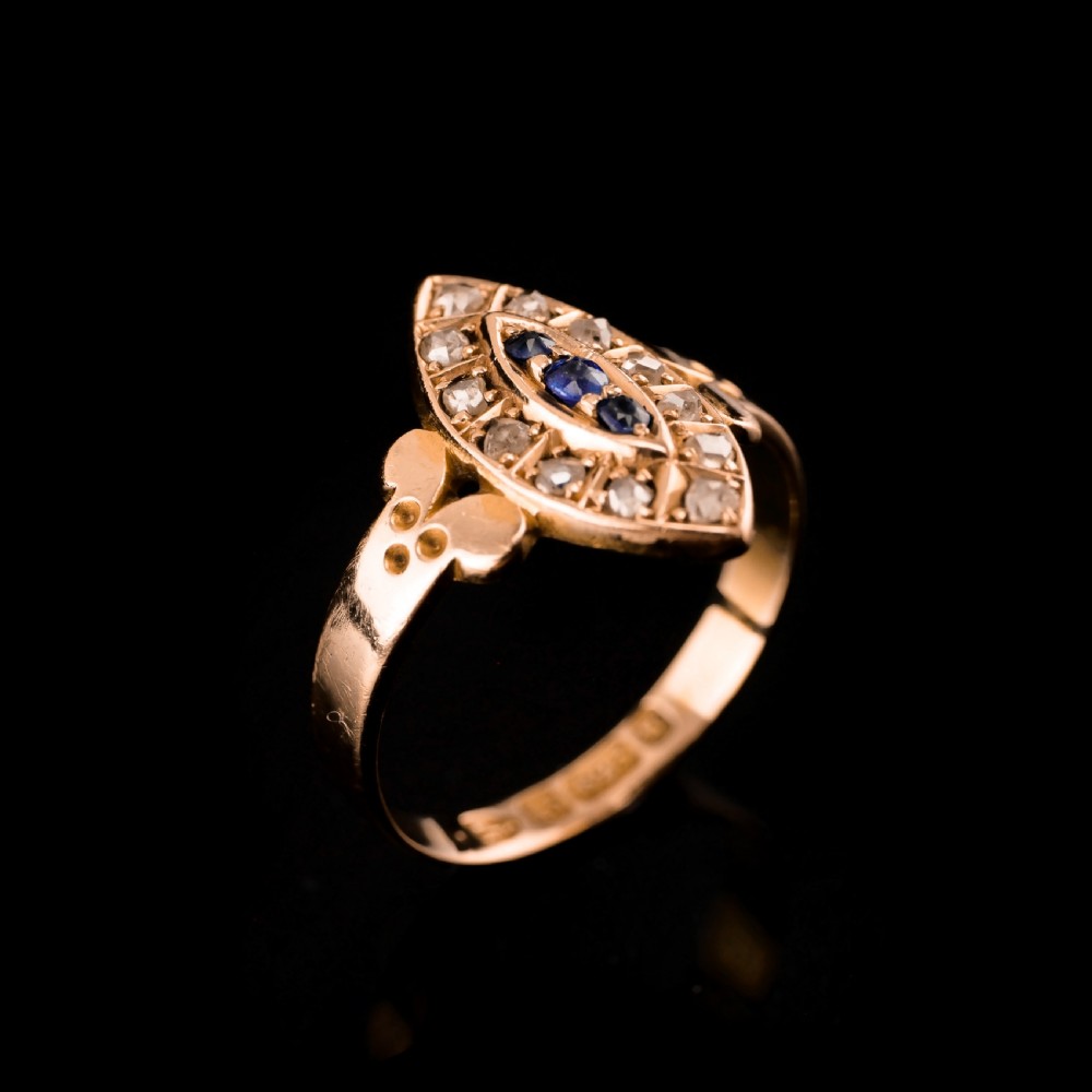 Stylish Antique Victorian 15K Sapphire and Diamond Navette Ring - 1893 View V