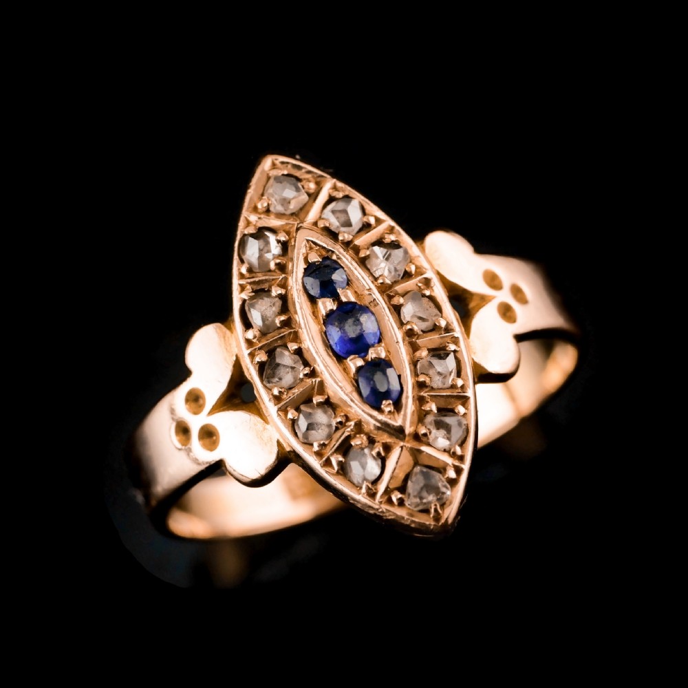 Stylish Antique Victorian 15K Sapphire and Diamond Navette Ring - 1893 View VI