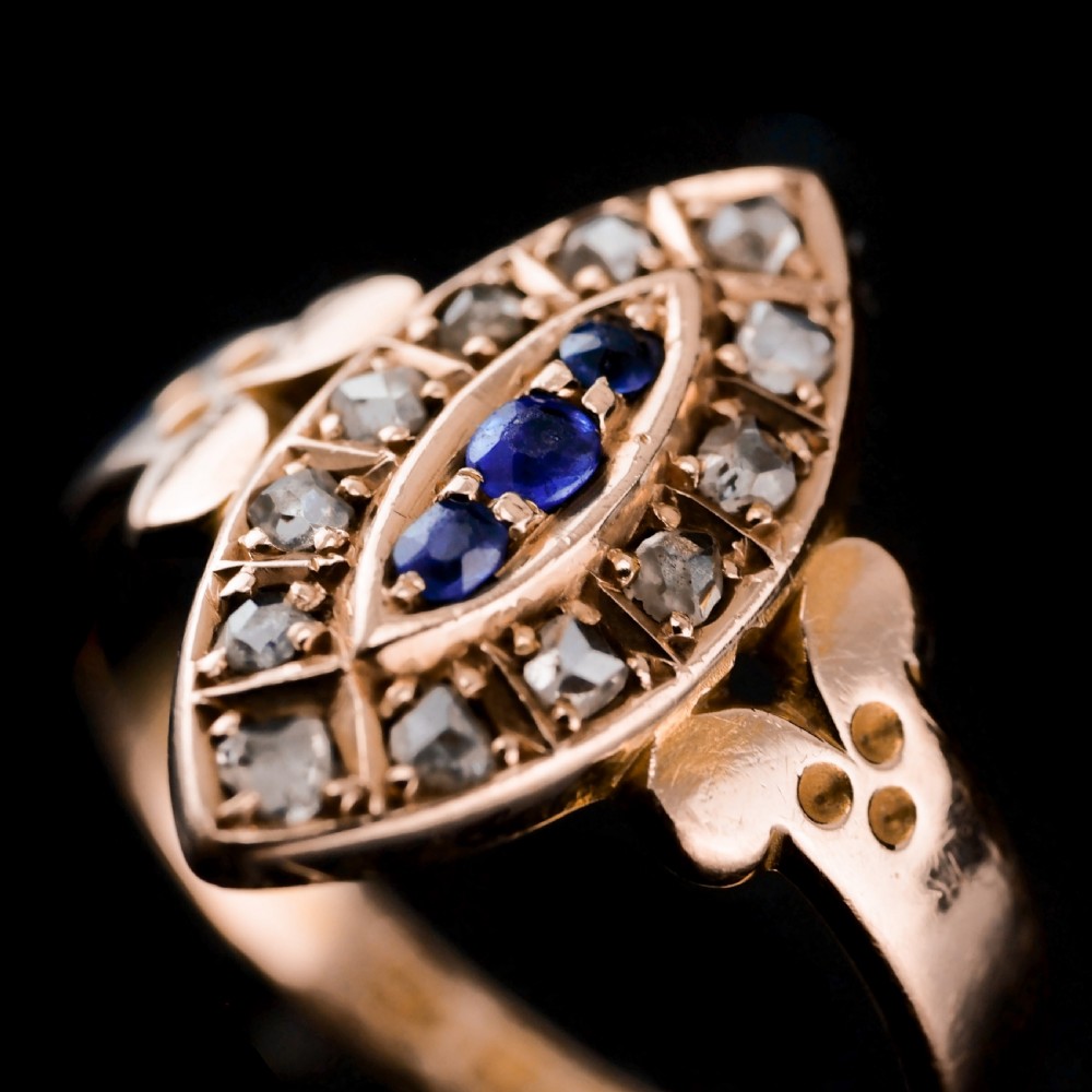 Stylish Antique Victorian 15K Sapphire and Diamond Navette Ring - 1893 View VII