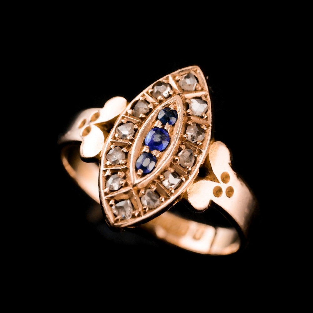 Stylish Antique Victorian 15K Sapphire and Diamond Navette Ring - 1893 View VIII
