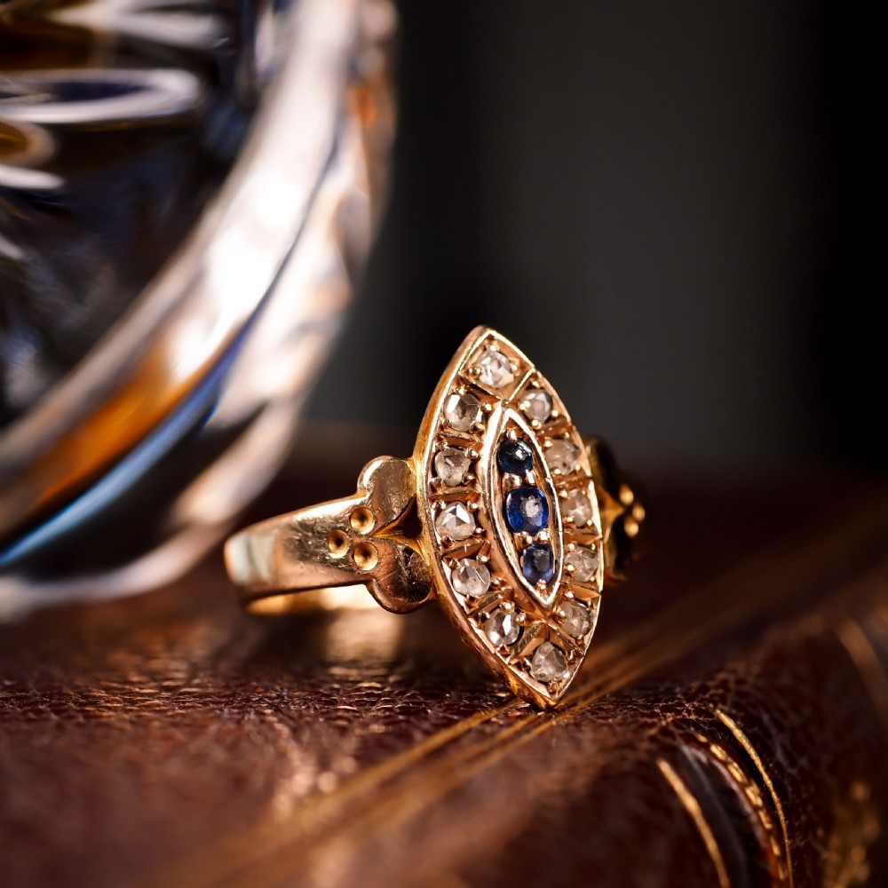 Stylish Antique Victorian 15K Sapphire and Diamond Navette Ring - 1893 View IX