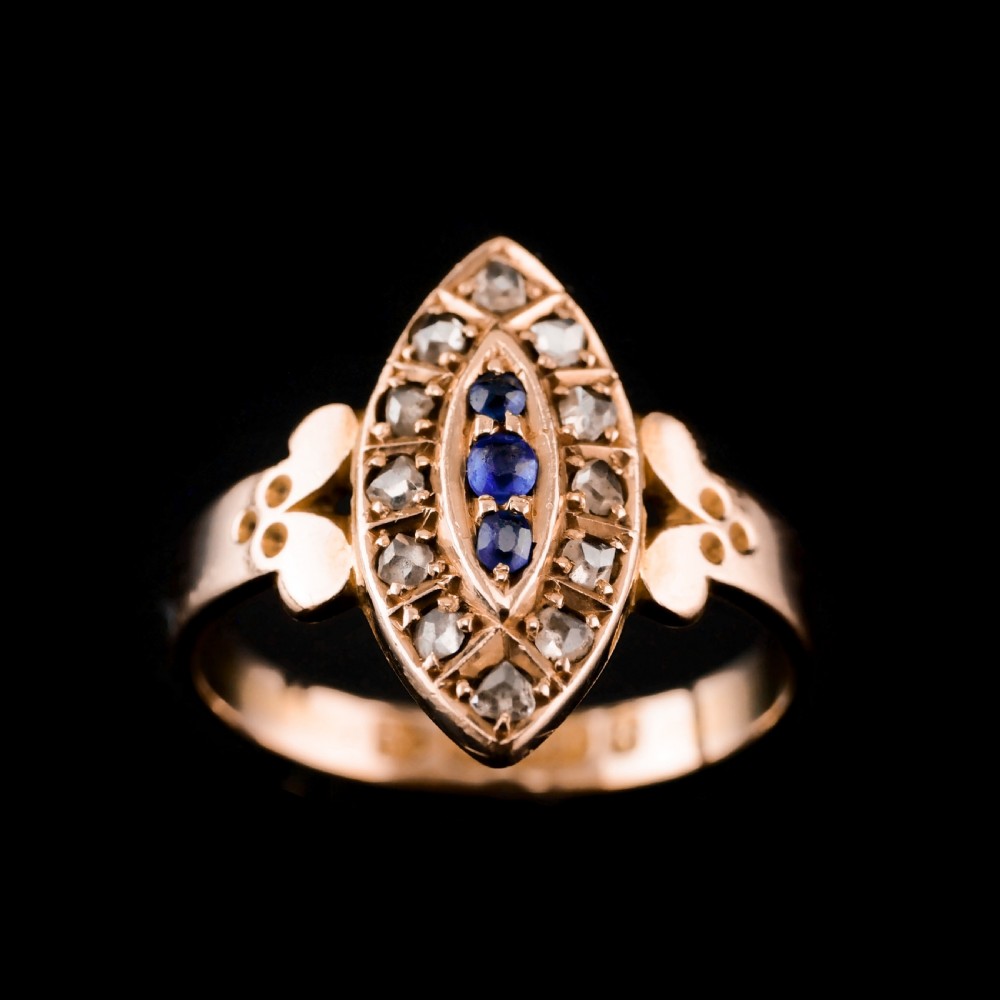 Stylish Antique Victorian 15K Sapphire and Diamond Navette Ring - 1893 View X