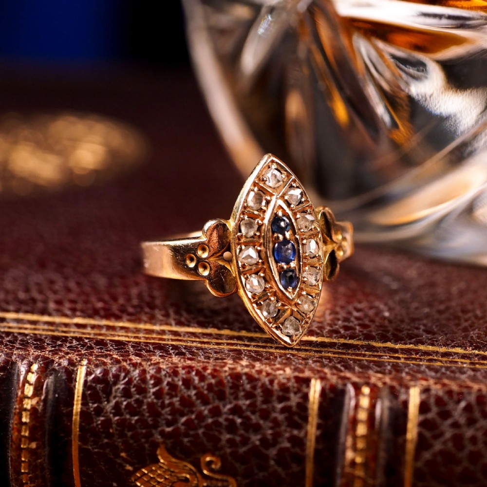 Stylish Antique Victorian 15K Sapphire and Diamond Navette Ring - 1893 View XI
