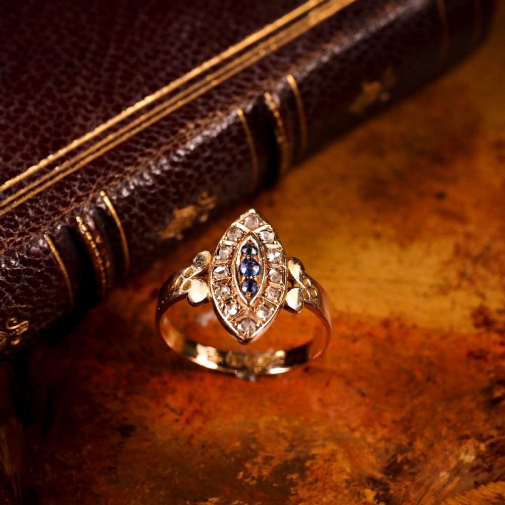 Stylish Antique Victorian 15K Sapphire and Diamond Navette Ring - 1893 View XIII