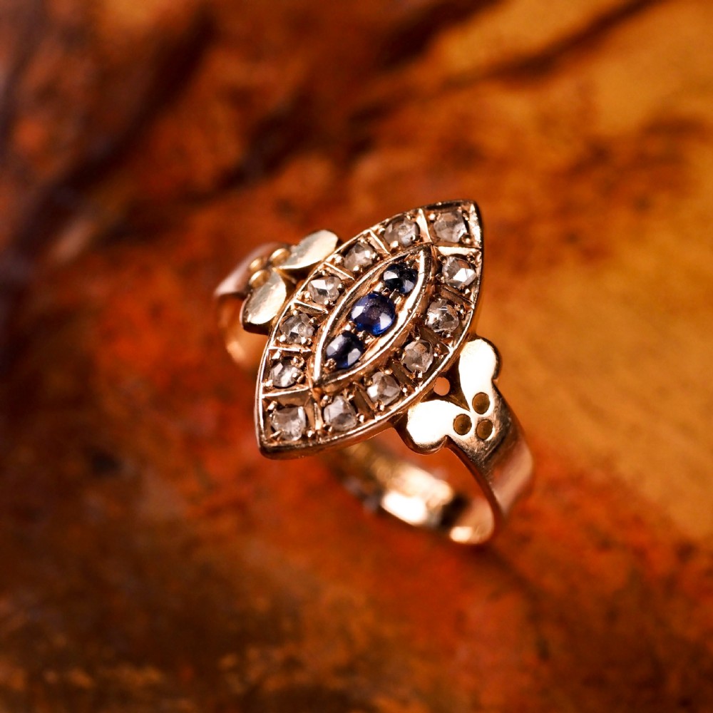 Stylish Antique Victorian 15K Sapphire and Diamond Navette Ring - 1893 View XIV