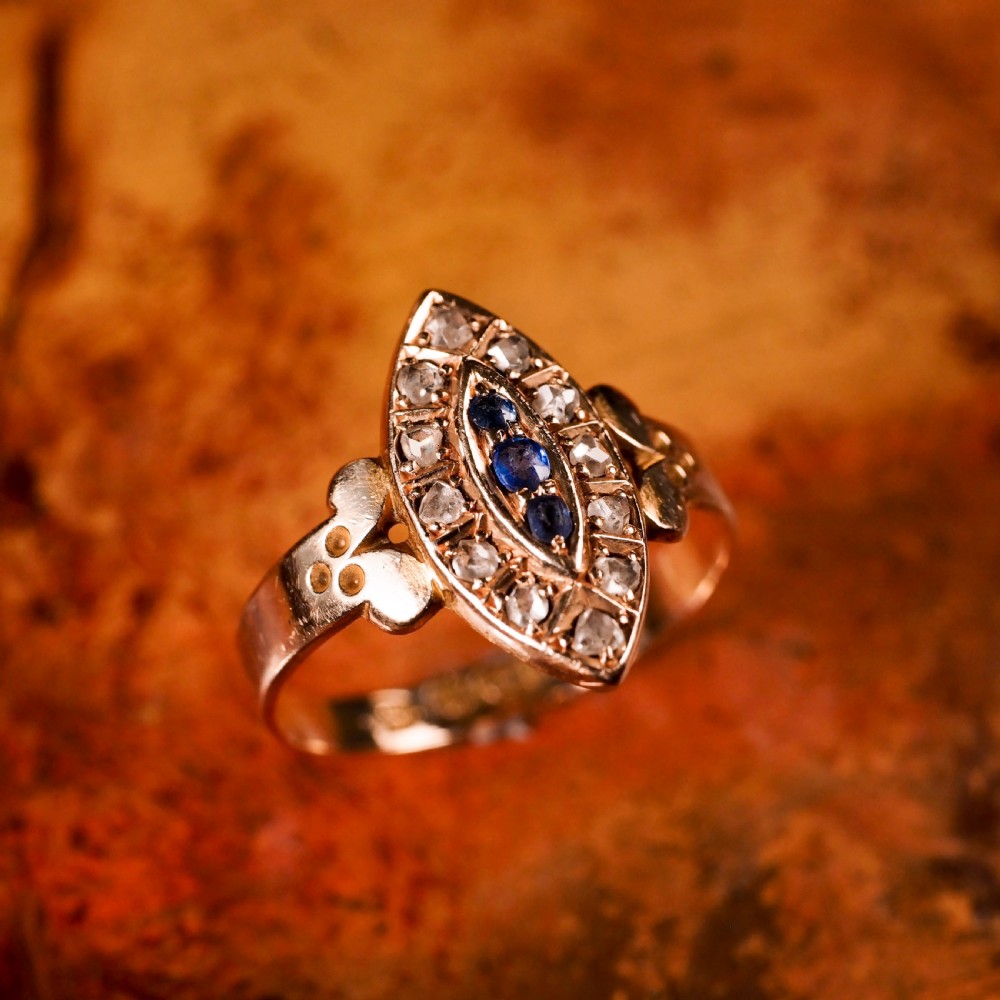 Stylish Antique Victorian 15K Sapphire and Diamond Navette Ring - 1893 View XV