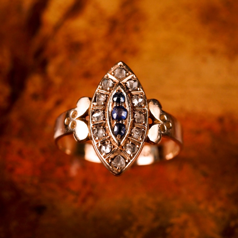 Stylish Antique Victorian 15K Sapphire and Diamond Navette Ring - 1893 View XVI
