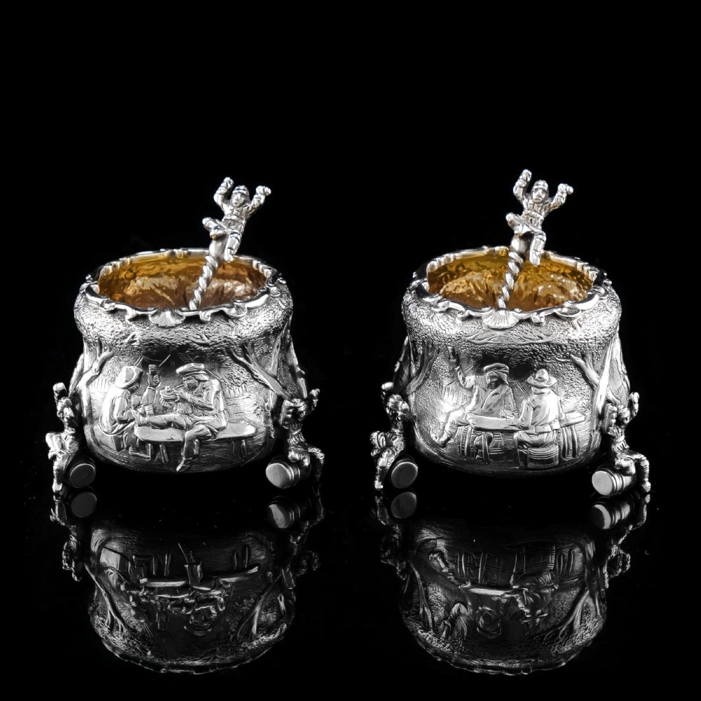 Rare Antique Victorian Solid Silver 'Teniers Pattern' Salt Cellars - F B Thomas & Co 1882