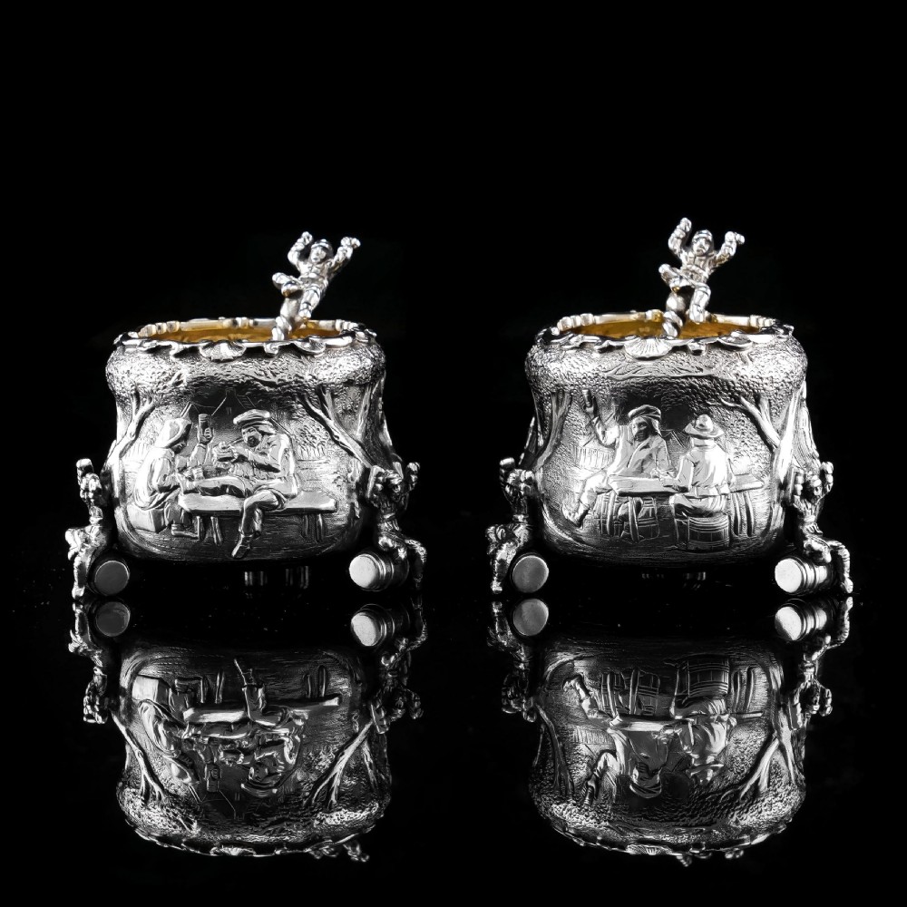 Rare Antique Victorian Solid Silver 'Teniers Pattern' Salt Cellars - F B Thomas & Co 1882 View III