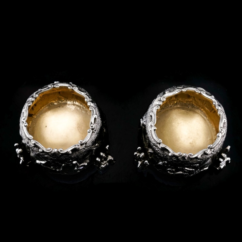 Rare Antique Victorian Solid Silver 'Teniers Pattern' Salt Cellars - F B Thomas & Co 1882 View XVII