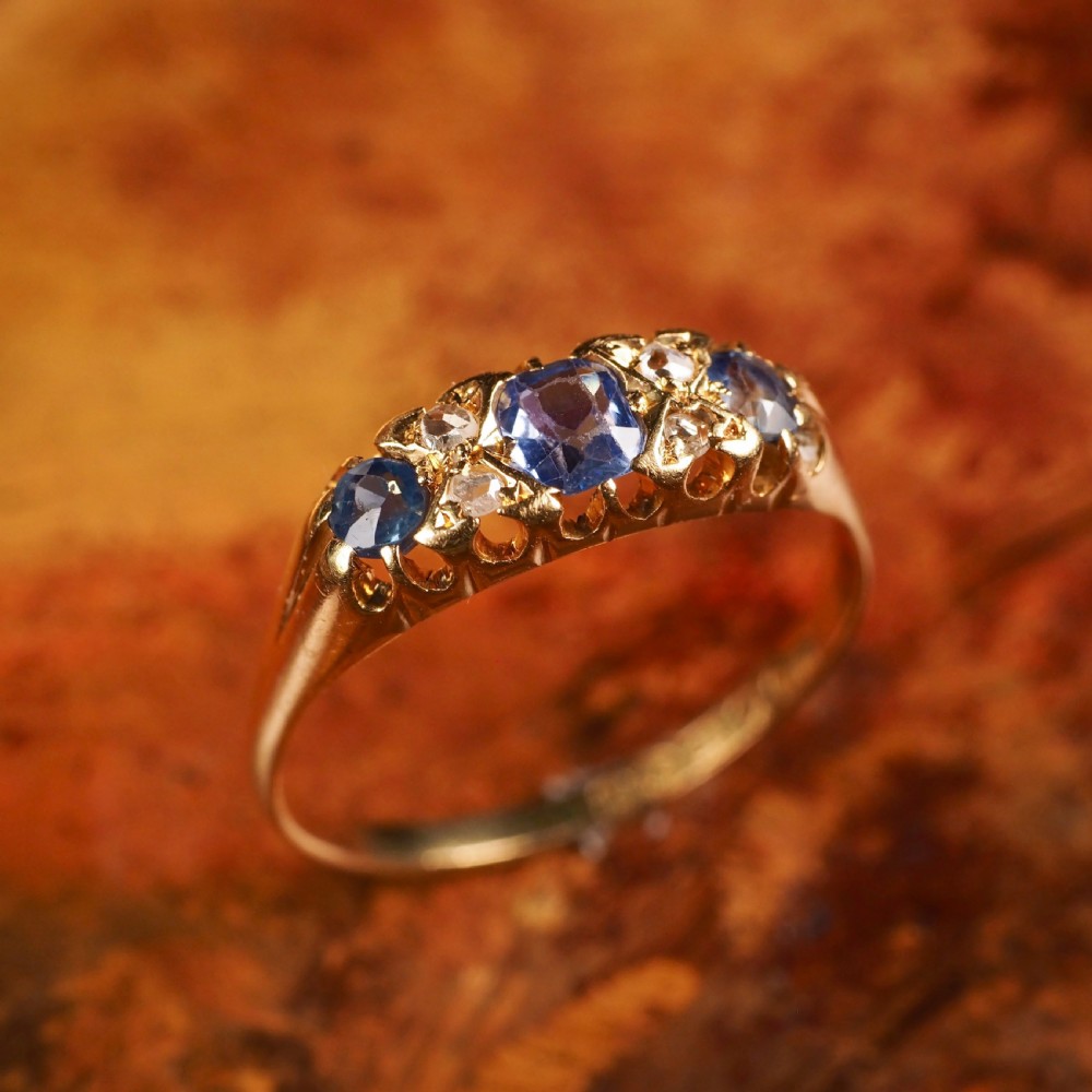 Antique Victorian 18K Gold Sapphire & Diamond Ring - Birmingham 1857 View X