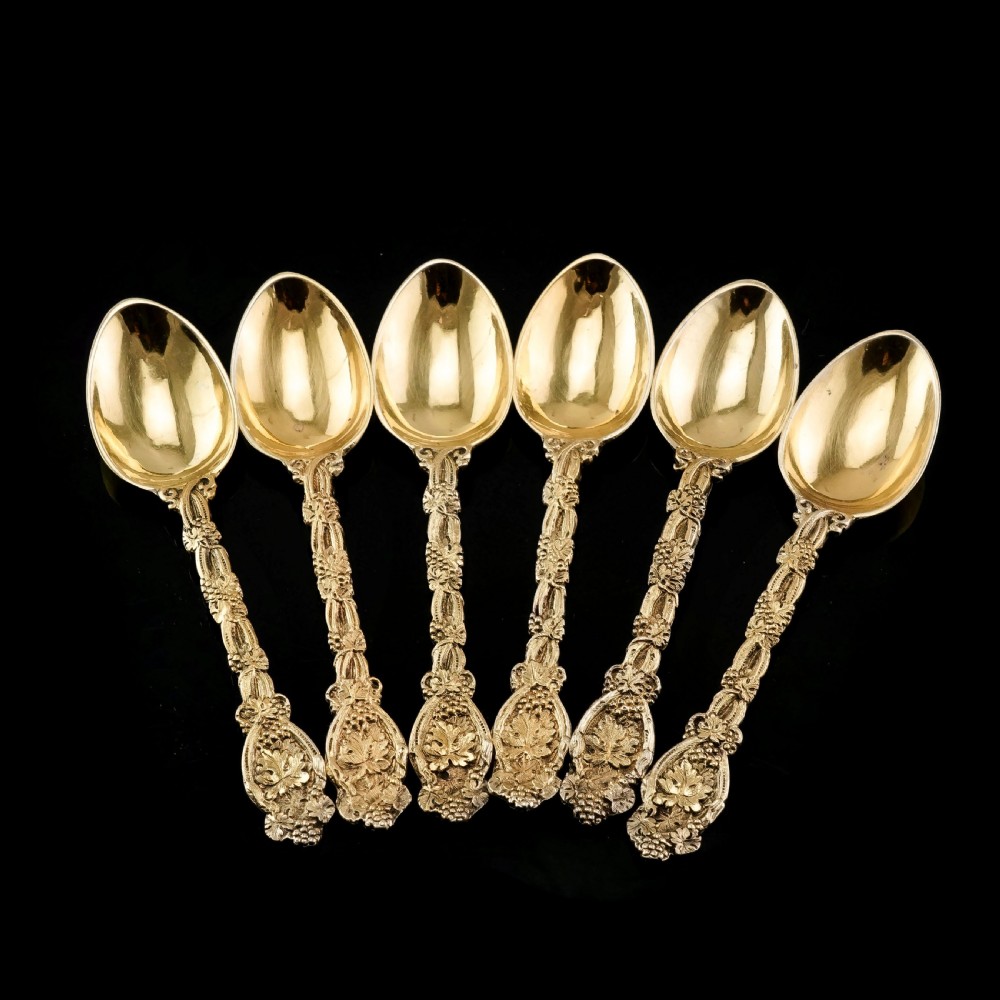 Antique Victorian Solid Silver Gilt 6 Teaspoons with Magnificent Grape Vine Design - Charles Boyton 1883