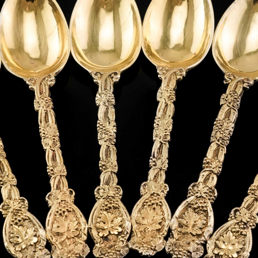 Antique Victorian Solid Silver Gilt 6 Teaspoons with Magnificent Grape Vine Design - Charles Boyton 1883 View III