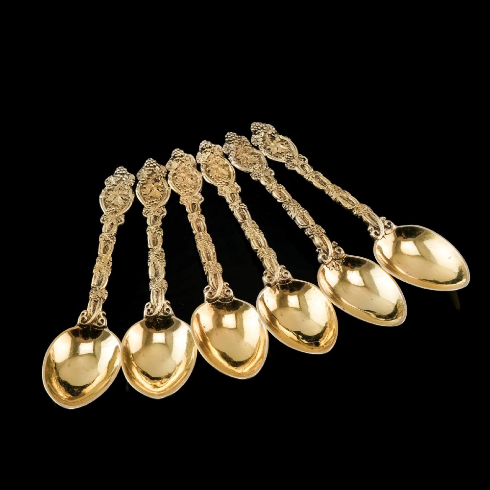 Antique Victorian Solid Silver Gilt 6 Teaspoons with Magnificent Grape Vine Design - Charles Boyton 1883 View IV