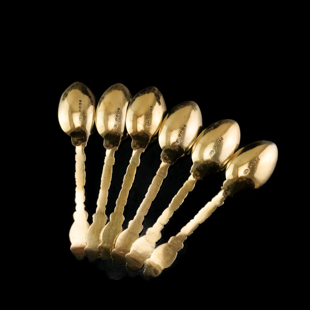 Antique Victorian Solid Silver Gilt 6 Teaspoons with Magnificent Grape Vine Design - Charles Boyton 1883 View VII
