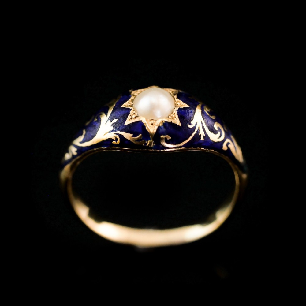 A Fabulous Antique Victorian 18K Gold Enamel & Pearl Ring with Scrolled Decorations - c.1880 View XI