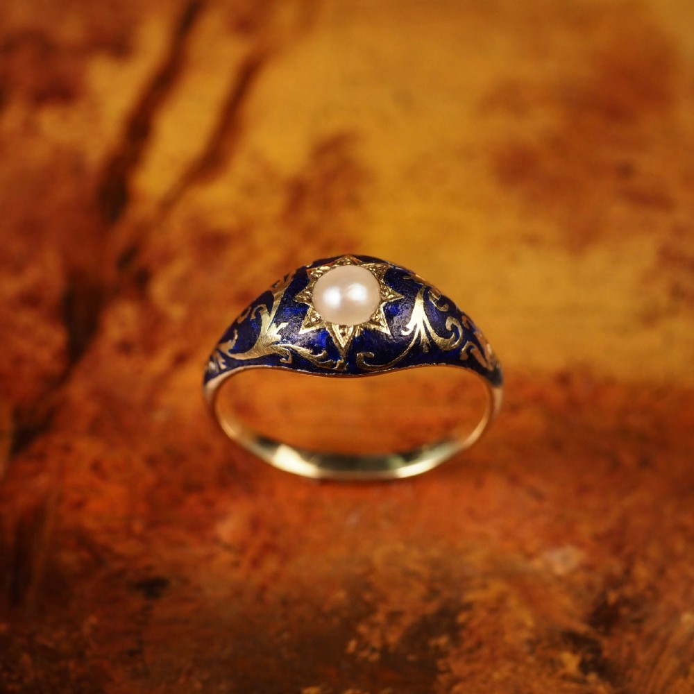 A Fabulous Antique Victorian 18K Gold Enamel & Pearl Ring with Scrolled Decorations - c.1880 View XVI