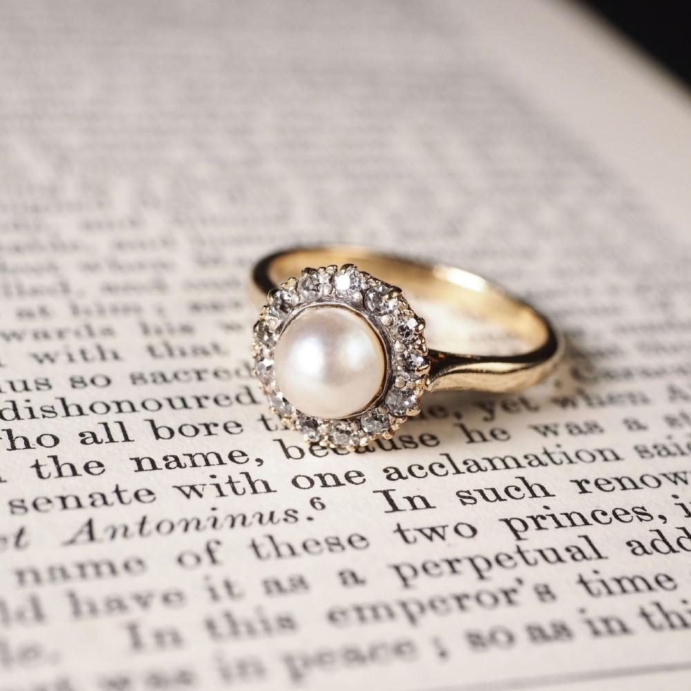 Antique Victorian 18K Gold Pearl & Diamond Cluster Ring - c.1890 View II
