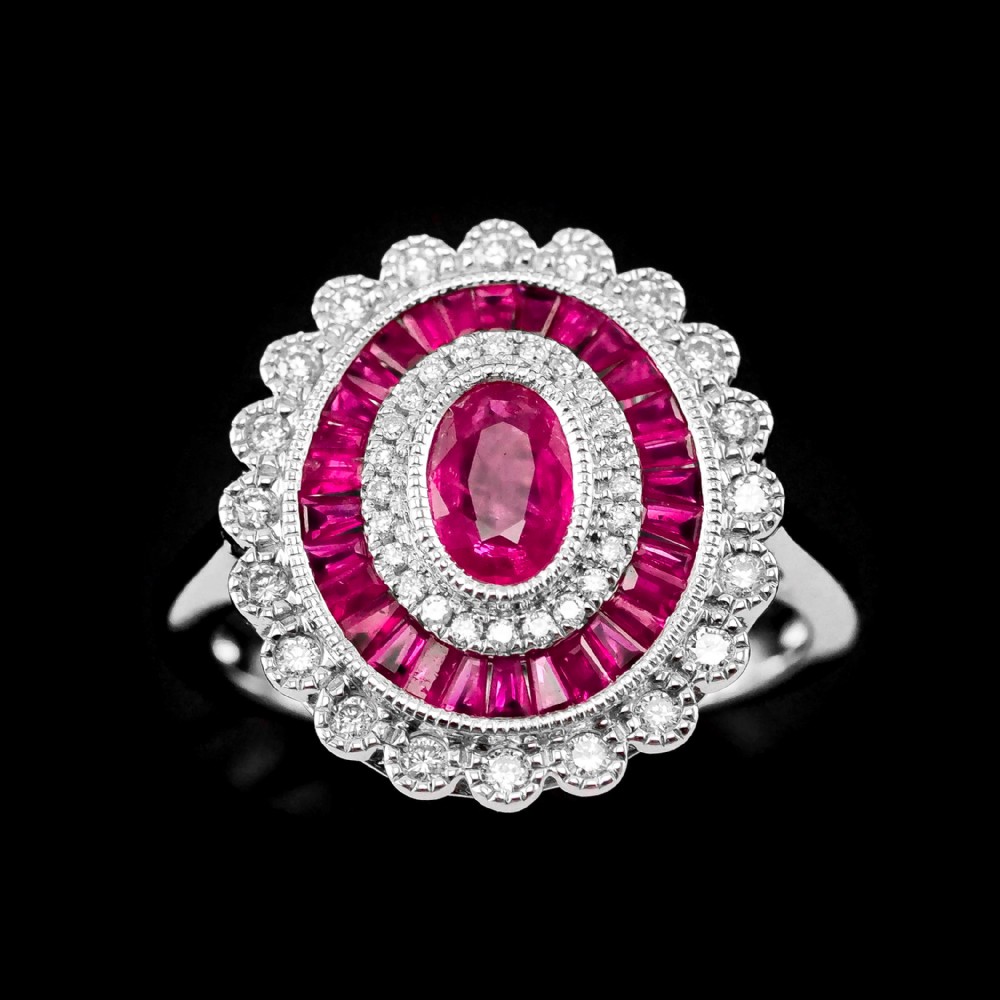 Ruby & Diamond 18K White Gold Cluster Target / Flower Ring