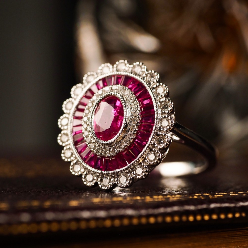 Ruby & Diamond 18K White Gold Cluster Target / Flower Ring View II
